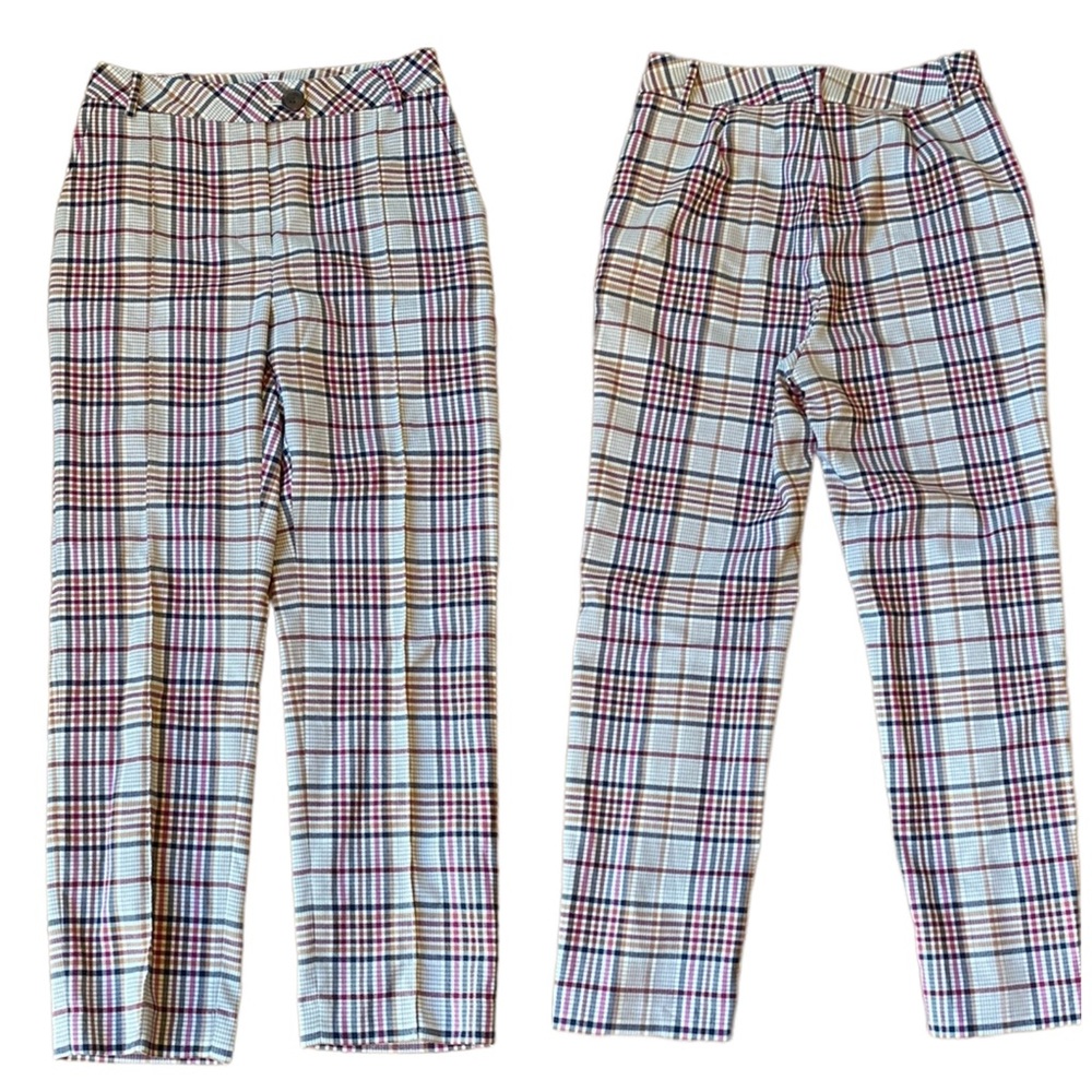 Leith Anthropologie Ivory Arlette Colorful Plaid High Waist Straight Pants Small - Picture 2 of 9